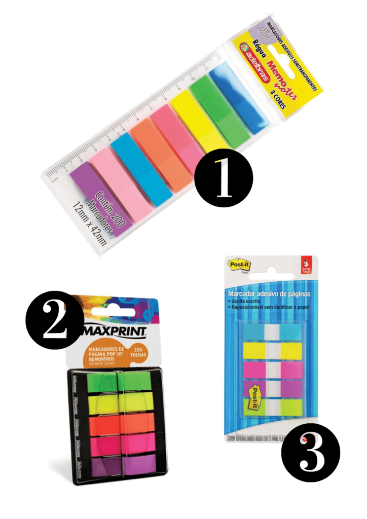 Três opções de flags coloridas para marcas livros, cadernos, anotações.