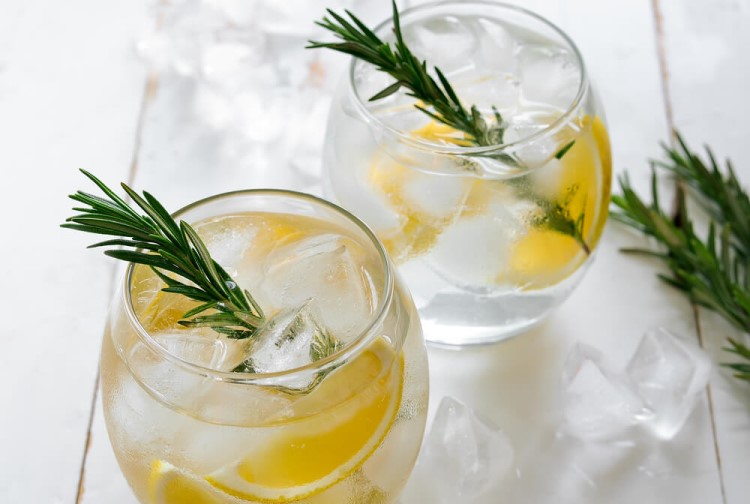 Dois copos contendo gin tônica com limão siciliano, alecrim e gelo.