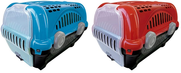 caixa de transporte para gatos furacão pet nas cores azul e vermelha