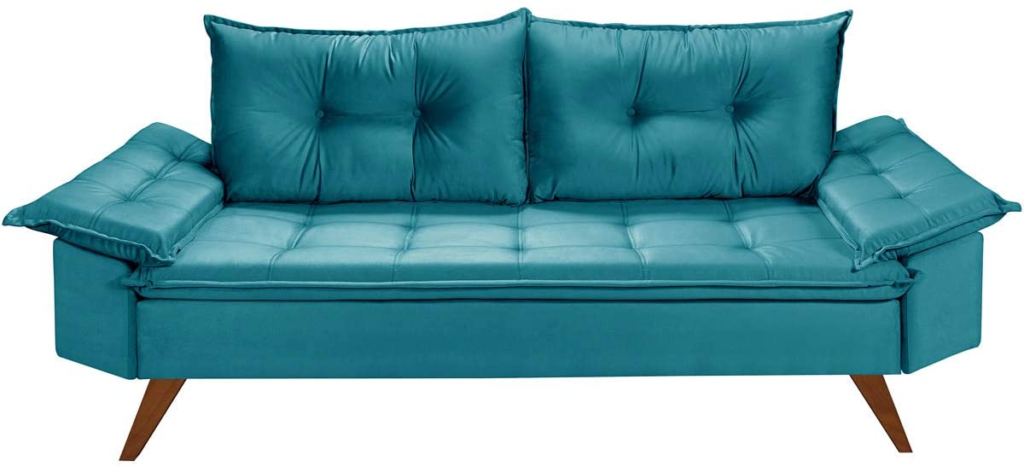 Sofá moderno e confortável, com capacidade para três pessoas, na cor azul.