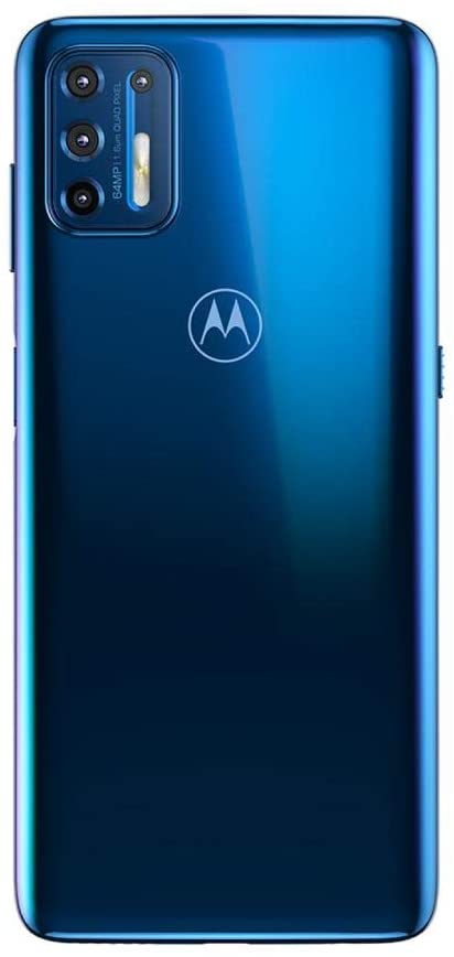 Foto traseira do aparelho de celular Moto G9 Plus da Motorola, na versão azul.