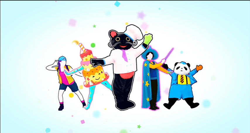 Imagem com as personagens do Modo Kids do Just Dance 2021 (adolescente, bolo, gato, bruxo e panda).