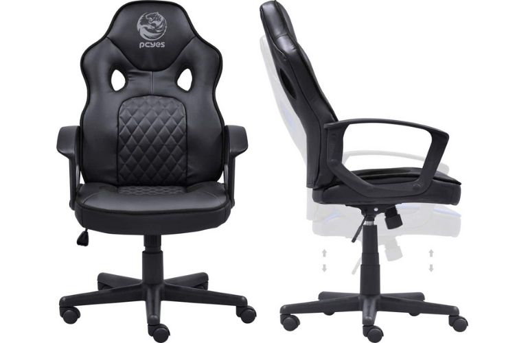 Cadeira gamer todo preta com símbolo da Pcyses no meio