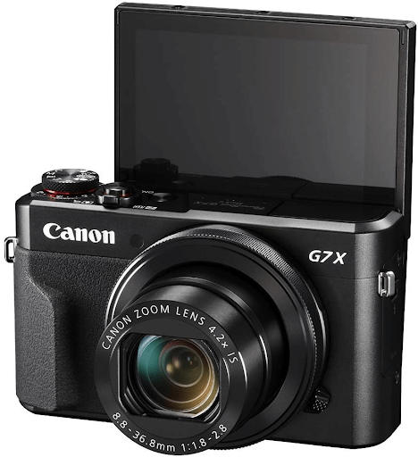 Foto da parte frontal da Câmera Canon PowerShot G7 X Mark II.