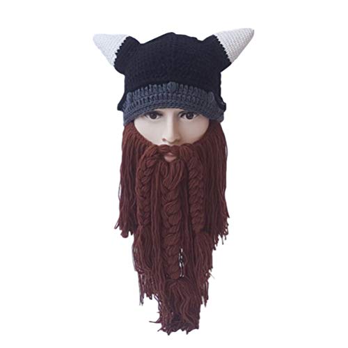 BeSTOYARD Gorro de tricô para outono e inverno Vikings de barba, longo, chapéu de chifre de boi, chapéu engraçado, gorro quente, máscara de festa, cosplay presente de aniversário (marrom)