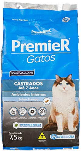 Ração Premier Ambientes Internos para Gatos Adultos Castrados até 7 Anos Sabor Frango - 7,5kg