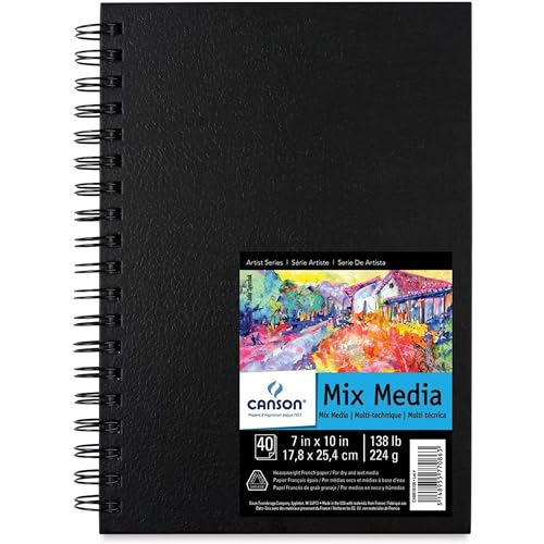 Canson Caderno de arte Mix Media, papel francês pesado, dupla face, textura fina e média, encadernação lateral, 62 kg, 18 x 25 cm, 40 folhas