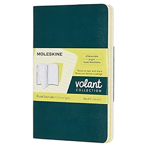 Moleskine Volant Journal, capa macia, bolso (8,9 cm x 14 cm) pautado/forrado, verde pinheiro/amarelo limão, 80 páginas (conjunto com 2)