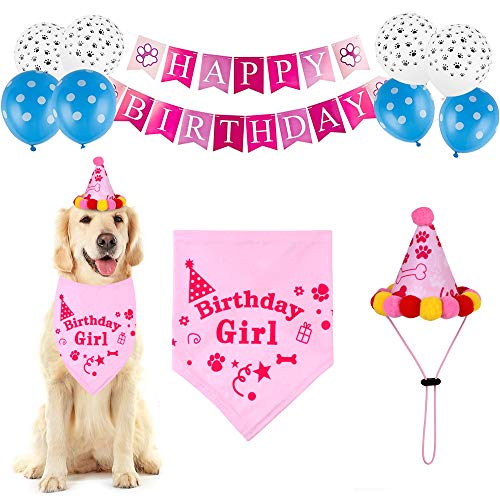 Artigos de festa para animais de estimação – Cachorros bandana de feliz aniversário chapéu de festa, balões com estampa de patas de cachorro, faixa de feliz aniversário para meninas, meninos, conjunto de decorações de (rosa)