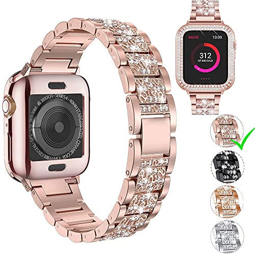 Danwon Compatível com Apple Watch Pulseira 38 mm, 40 mm, 42 mm, 44 mm, pulseira de strass de aço inoxidável, para iWatch SE série 6/5/4/3/2/1 com capa protetora de tela de diamante (40 mm, ouro rosa)