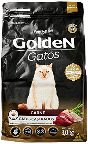 Premier Pet Ração Golden para Gatos Adultos Castrados, Raça Adulto, Sabor Carne, 3kg