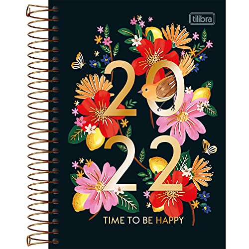 Agenda Espiral Diária 14 x 20 cm Le Vanille 2022 - Estampa Time to be happy fundo preto - Tilibra