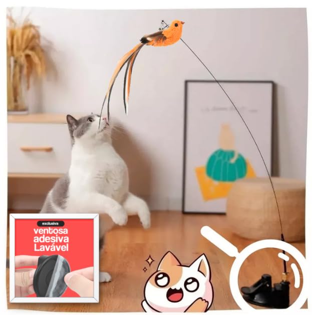 Brinquedo Interativo para Gato Varinha Com Ventosa Fixar Chão Vidro Porta com Bichinho e Guizo (Passarinho 2)