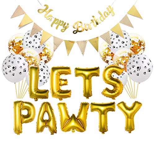 Conjunto de decorações de aniversário para animais de estimação da POPETPOP para decorações de festa de aniversário, bandeira de triângulo, guirlanda, balões Happy Pet kit de festa de aniversário (dourado)