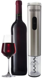 Abridor de vinho ao lado de uma garrafa e uma taça.
