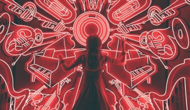 Silhueta de mulher frente a vários instrumentos neon