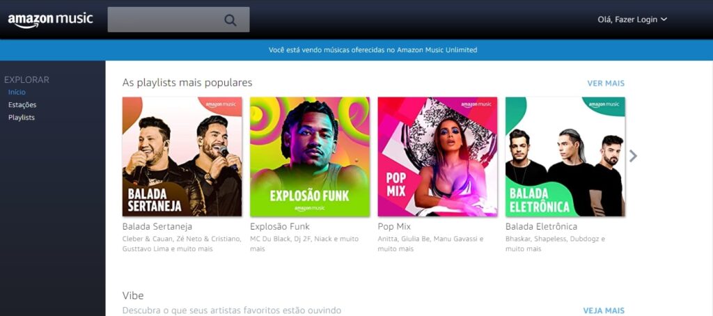 tela inicial do amazon prime music com algumas playlists em destaque: balada sertaneja, explosão funk, pop mix e balada eletrônica