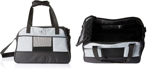 caixa de transporte para gatos no estilo bolsa com detalhes em tela e abertura superior com zíper
