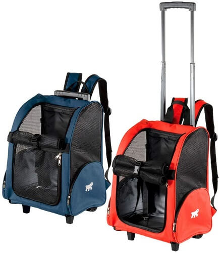 caixa de transporte para gatos mochila com rodinhas nas cores azul e vermelha