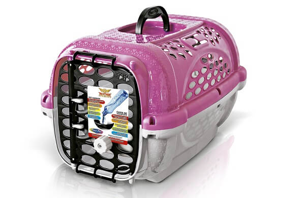 caixa de transporte para gatos barata em plástico da marca plast pet na cor rosa