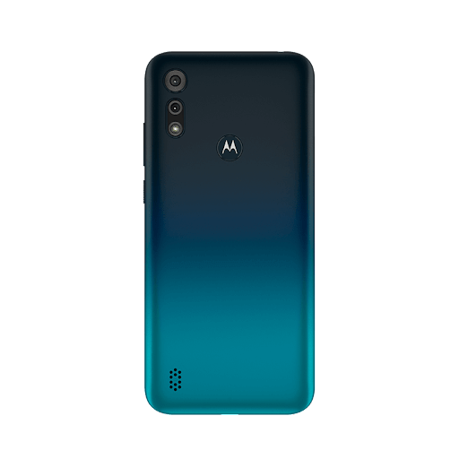 Detalhes do design do smartphone Moto E6s na cor azul navy.
