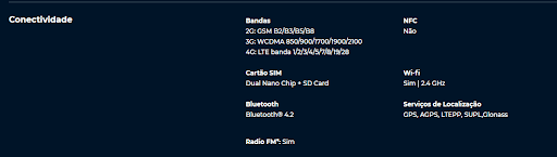 Listas das conectividades disponíveis no Moto E6s.