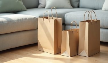 Três sacolas de papel kraft sem estampa sobre o piso de madeira clara de uma sala, ao lado de um sofá cinza com almofada verde