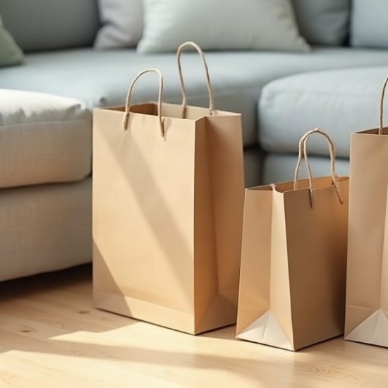 Três sacolas de papel kraft sem estampa sobre o piso de madeira clara de uma sala, ao lado de um sofá cinza com almofada verde