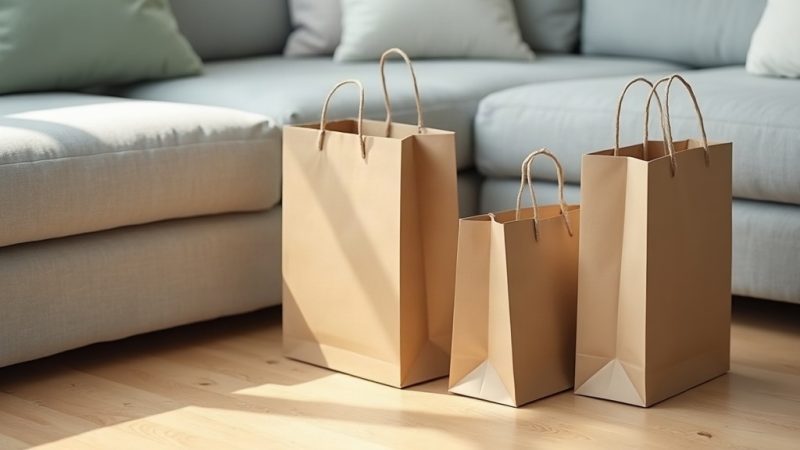 Três sacolas de papel kraft sem estampa sobre o piso de madeira clara de uma sala, ao lado de um sofá cinza com almofada verde