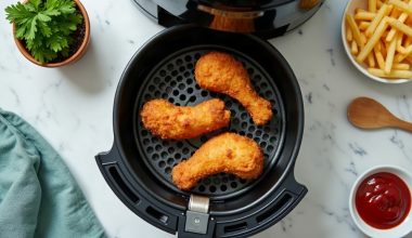 Cesto de air fryer com coxas de frango douradas, ao lado de batatas fritas e ketchup