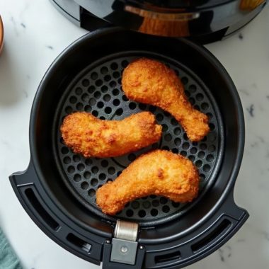 Cesto de air fryer com coxas de frango douradas, ao lado de batatas fritas e ketchup
