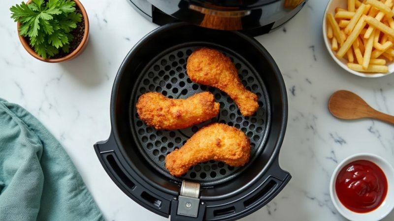 Cesto de air fryer com coxas de frango douradas, ao lado de batatas fritas e ketchup