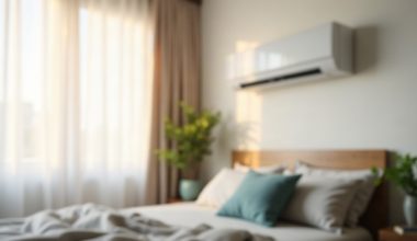 Quarto claro com ar-condicionado split branco na parede acima da cama