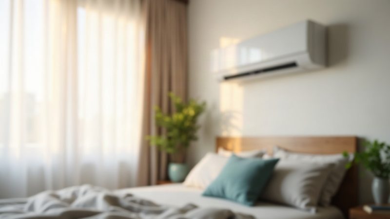 Quarto claro com ar-condicionado split branco na parede acima da cama
