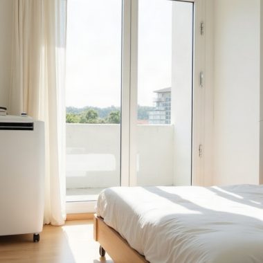 Ar-condicionado portátil branco com duto de exaustão em quarto claro, ao lado de uma porta de varanda iluminada pelo sol
