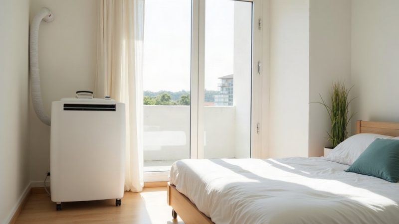 Ar-condicionado portátil branco com duto de exaustão em quarto claro, ao lado de uma porta de varanda iluminada pelo sol