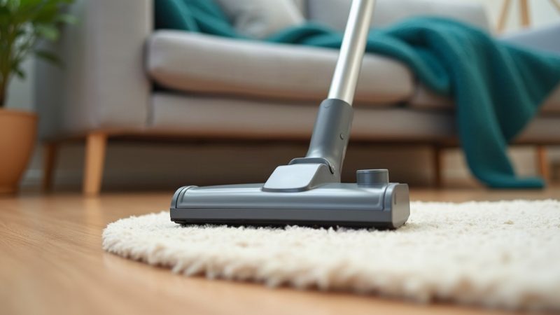Bocal de aspirador vertical sobre tapete claro em uma sala com sofá cinza e manta verde-azulada