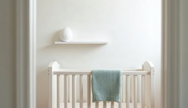 Câmera branca de babá eletrônica numa prateleira acima do berço em quarto de bebê claro