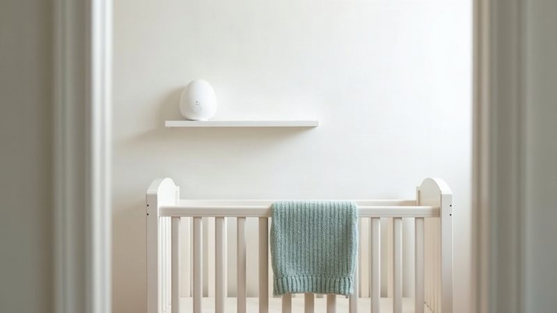 Câmera branca de babá eletrônica numa prateleira acima do berço em quarto de bebê claro