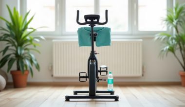 Bicicleta ergométrica preta em sala clara com toalha verde-azulada no banco e garrafa de água no chão