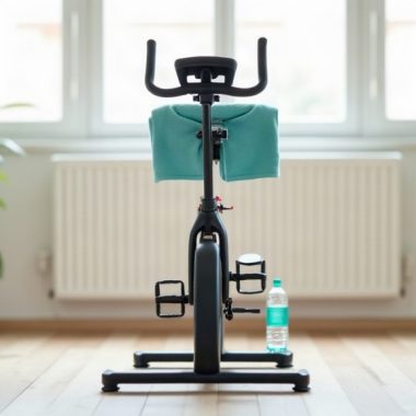 Bicicleta ergométrica preta em sala clara com toalha verde-azulada no banco e garrafa de água no chão