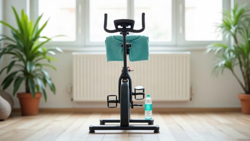 Bicicleta ergométrica preta em sala clara com toalha verde-azulada no banco e garrafa de água no chão