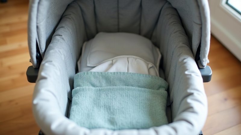 Moisés de carrinho de bebê cinza com manta verde-azulada dobrada, visto de cima