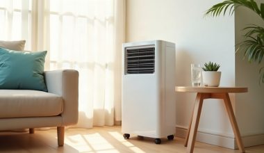 Climatizador de ar branco em formato de torre ao lado de um sofá em sala clara, com copo de água gelada e planta na mesa lateral