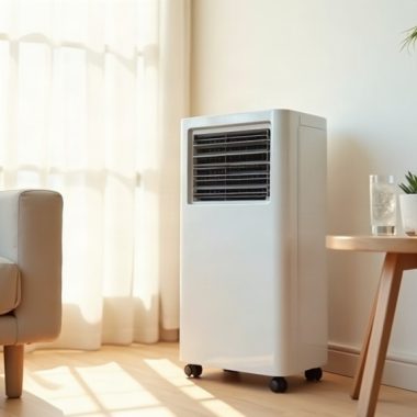 Climatizador de ar branco em formato de torre ao lado de um sofá em sala clara, com copo de água gelada e planta na mesa lateral