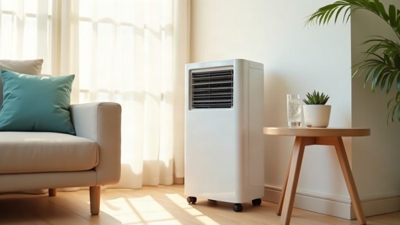 Climatizador de ar branco em formato de torre ao lado de um sofá em sala clara, com copo de água gelada e planta na mesa lateral