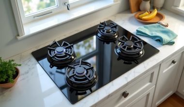 Cooktop a gás de vidro preto com quatro bocas e grades de ferro embutido em bancada de mármore claro