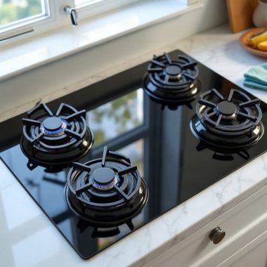 Cooktop a gás de vidro preto com quatro bocas e grades de ferro embutido em bancada de mármore claro