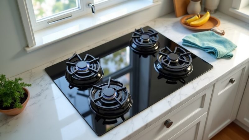 Cooktop a gás de vidro preto com quatro bocas e grades de ferro embutido em bancada de mármore claro