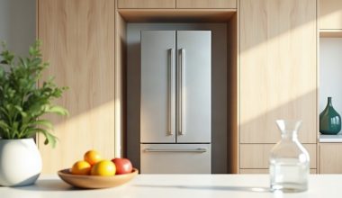 Geladeira de inox com portas lisas encaixada em nicho de armários de madeira, com folga para ventilação, em cozinha clara